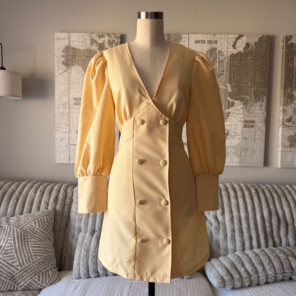 Nasty Gal Collection Yellow Double Breasted Puff Sleeve Mini Dress Size 8‎